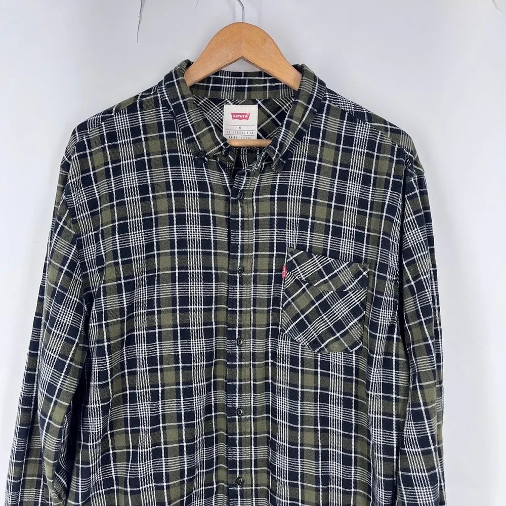 Levis Mens XL Plaid Button Down Shirt Olive Green Black Cotton 3LYLW9702